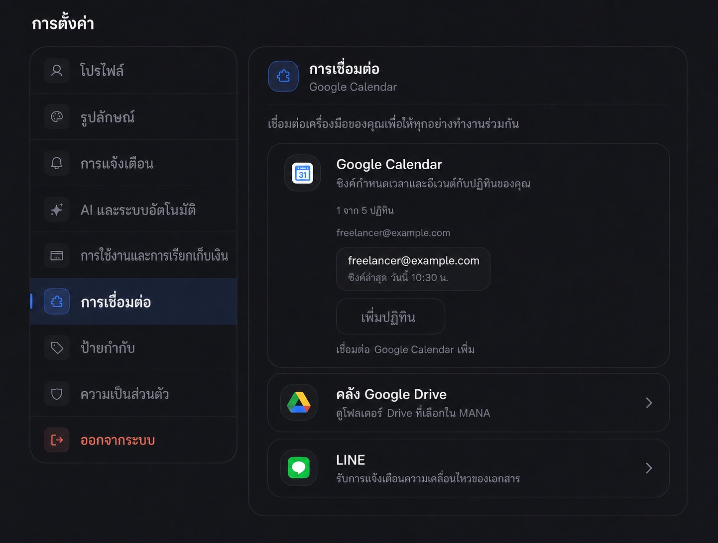 หน้าการเชื่อมต่อในการตั้งค่า MANA ซึ่งแสดง Google Calendar และ LINE