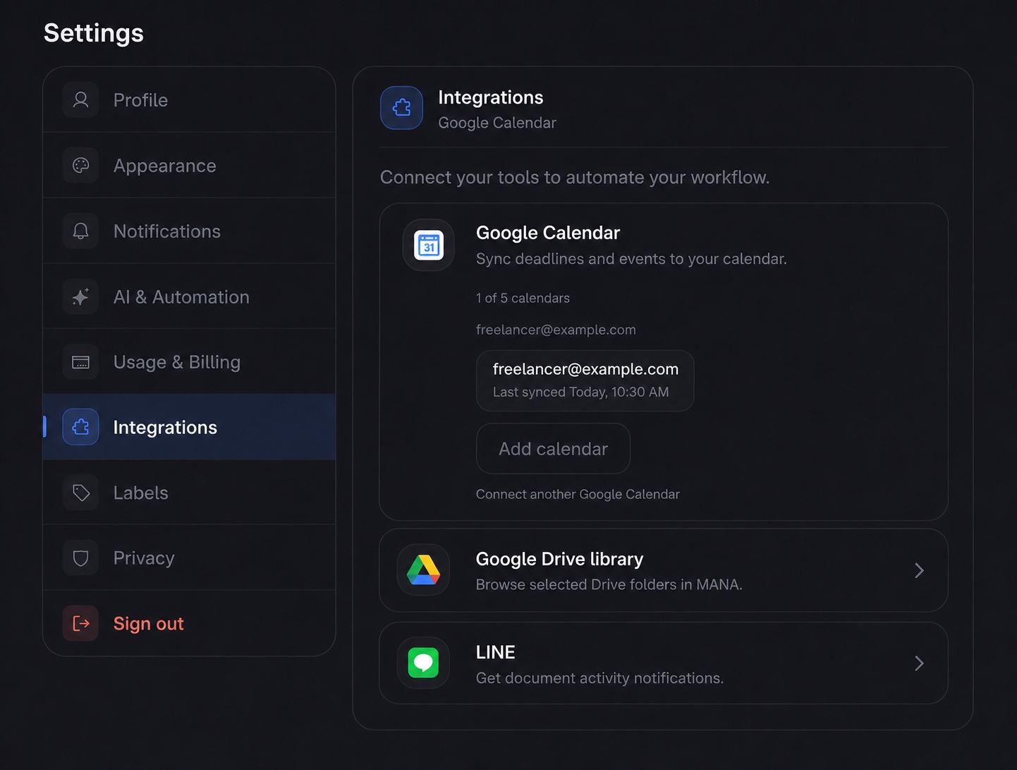 The LINE integration card beneath Google Calendar in MANA Settings